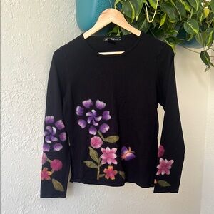 Mechant Black Sweater with Purple and Pink Floral Design